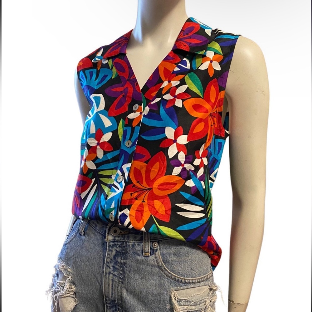Vintage Y2K Bright Multicolor Tropical Print Button Dowm Top Sz M